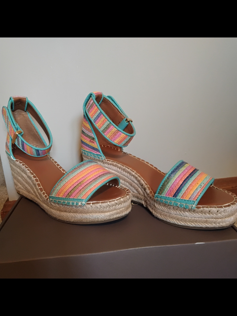 Franco Sarto Clemens Multicolor Striped Espadrille Wedge Sandals, Size 8.5